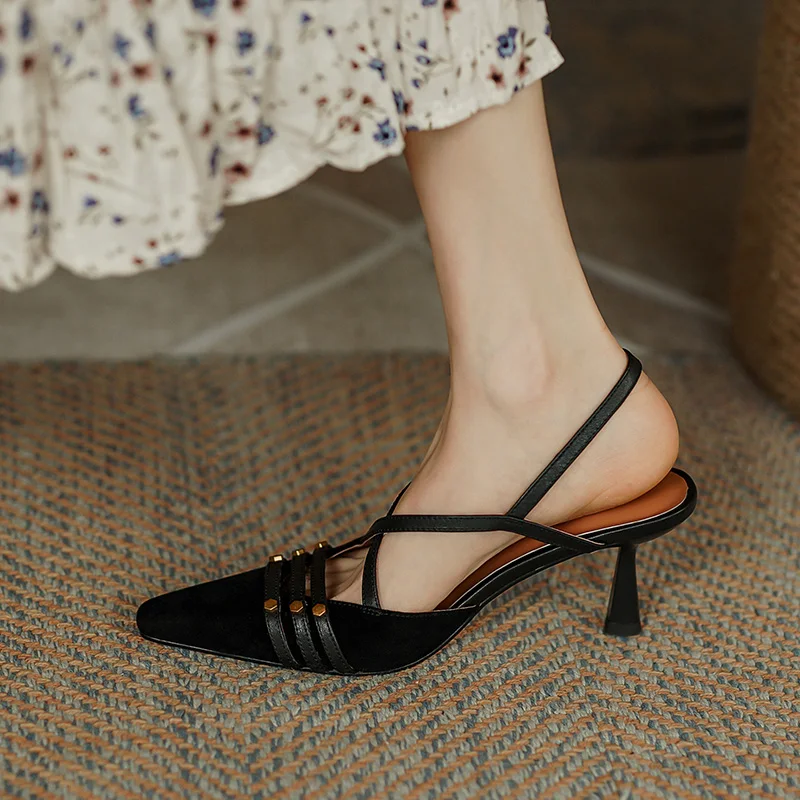 Women Summer Shoes Sheepsuede Simple Sandals Buckle Strap Women's Simple Shoes Elegant Close Toe Girls Daily Pumps French Style