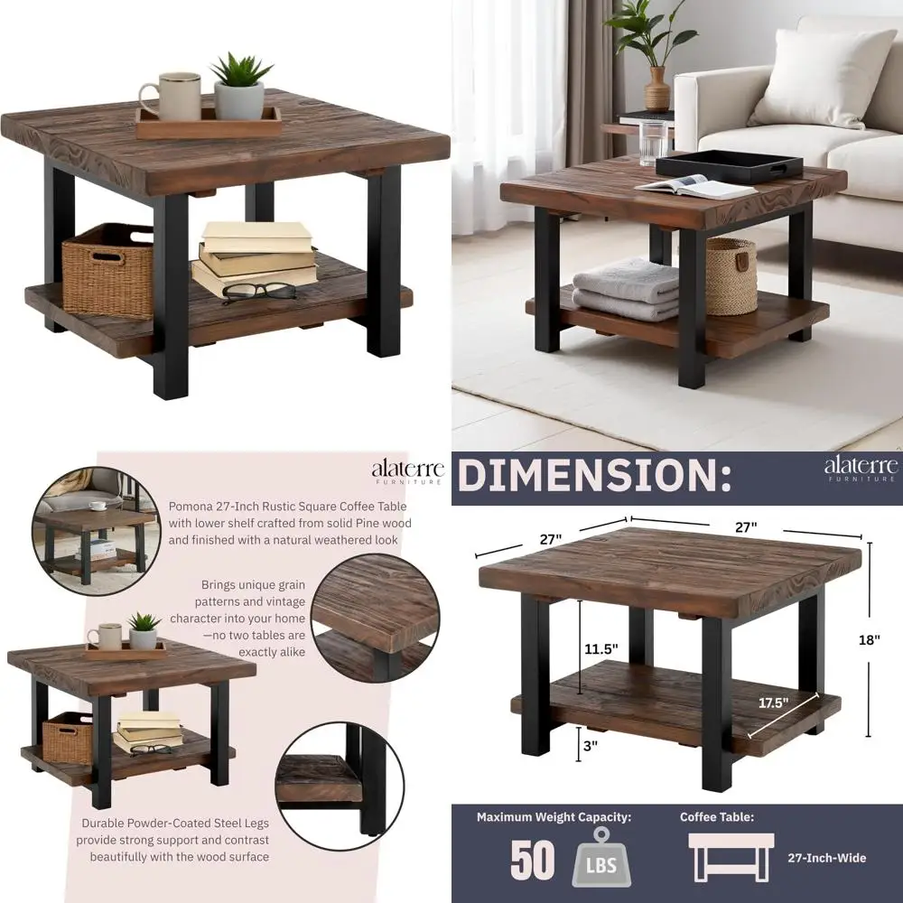 

Pomona 27-Inch Rustic Square Coffee Table – Solid Pine Wood with Natural Weathered Finish and Industrial Metal Legs – Small Spac