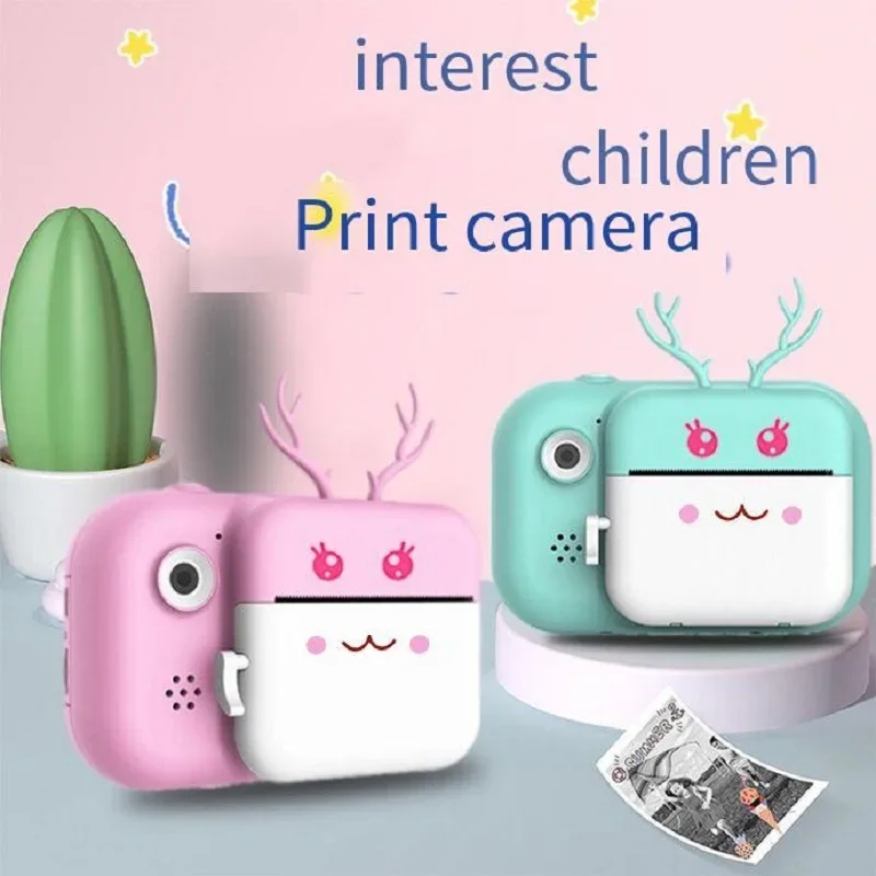 Kinder Digitalkamera 1080P HD Instant Print Kamera Niedliche Cartoon Geweih Wärmeempfindliche Druckkamera Spielzeug + 32G Speicherkarte Geschenk