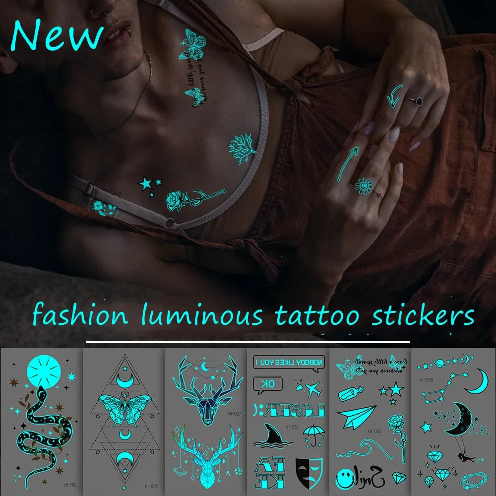 New Luminous Tattoo Stickers Arm Face Glowing Tattoos Body Art Tattoos Snake Butterfly Electric Syllable Party Tattoo