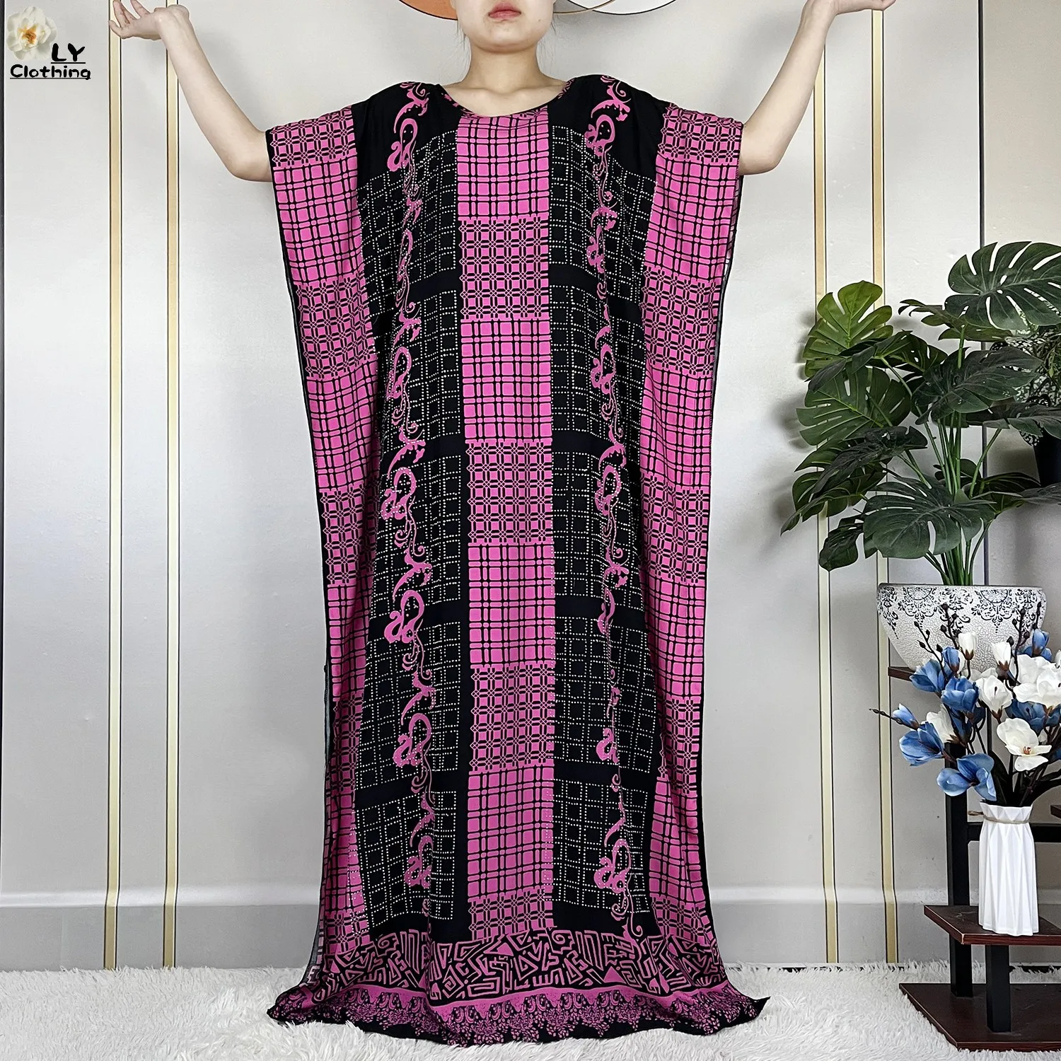 New Muslim Summer Short Sleeve Cotton Dresses With Big Scarf Loose Fashion Printing Casual Robe African Maxi Women Abaya Clothes