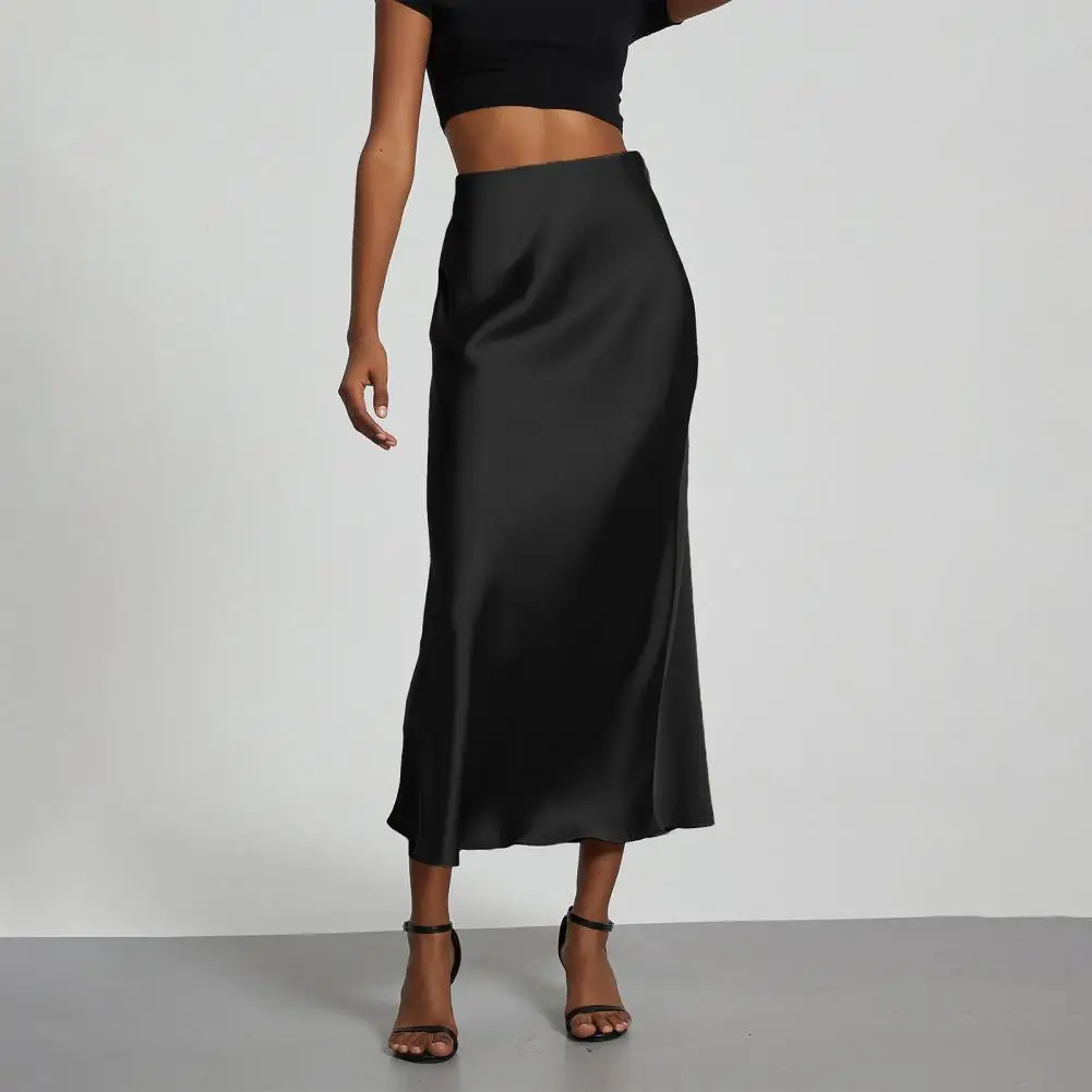 New In 2025 Spring Summer Solid Color Satin Long Skirt For Women High Waist Fashion Elegant Skirt