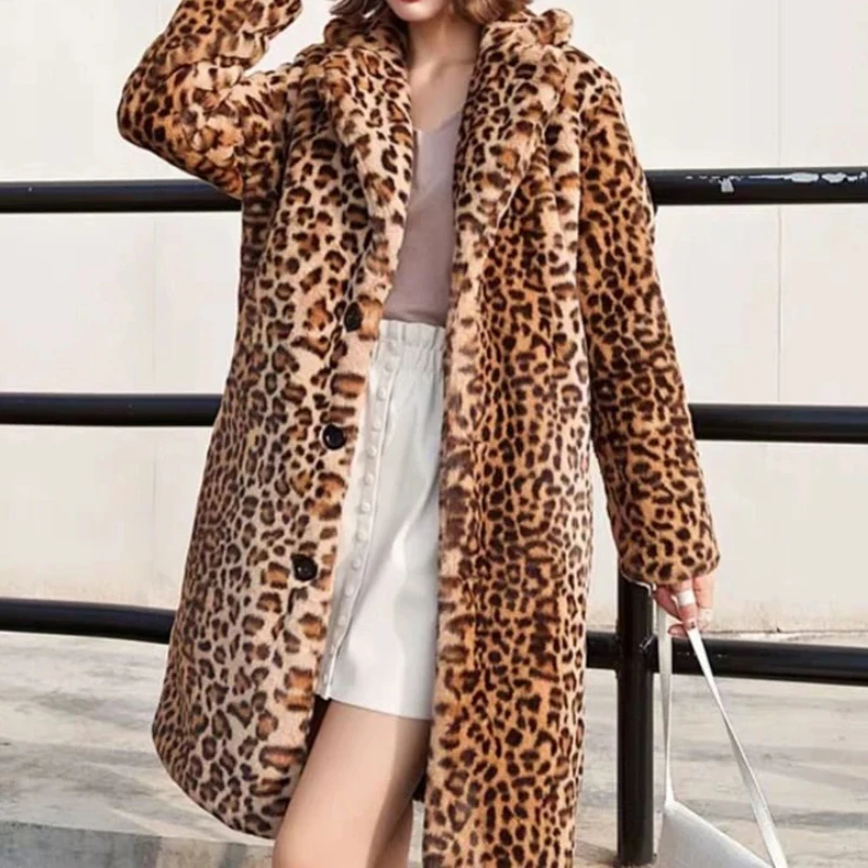 Women Leopard Faux Fox Fur Warm Long Coat Winter Leisure Long Jacket Windbreaker Thick Fluffy Luxury Bontjas Warm Outerwear