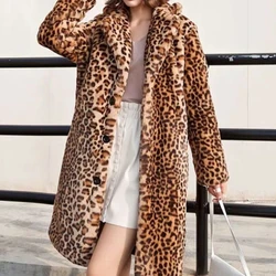 Mulheres leopardo falso pele de raposa quente casaco longo inverno lazer jaqueta longa blusão grosso fofo luxo bontjas quente outerwear