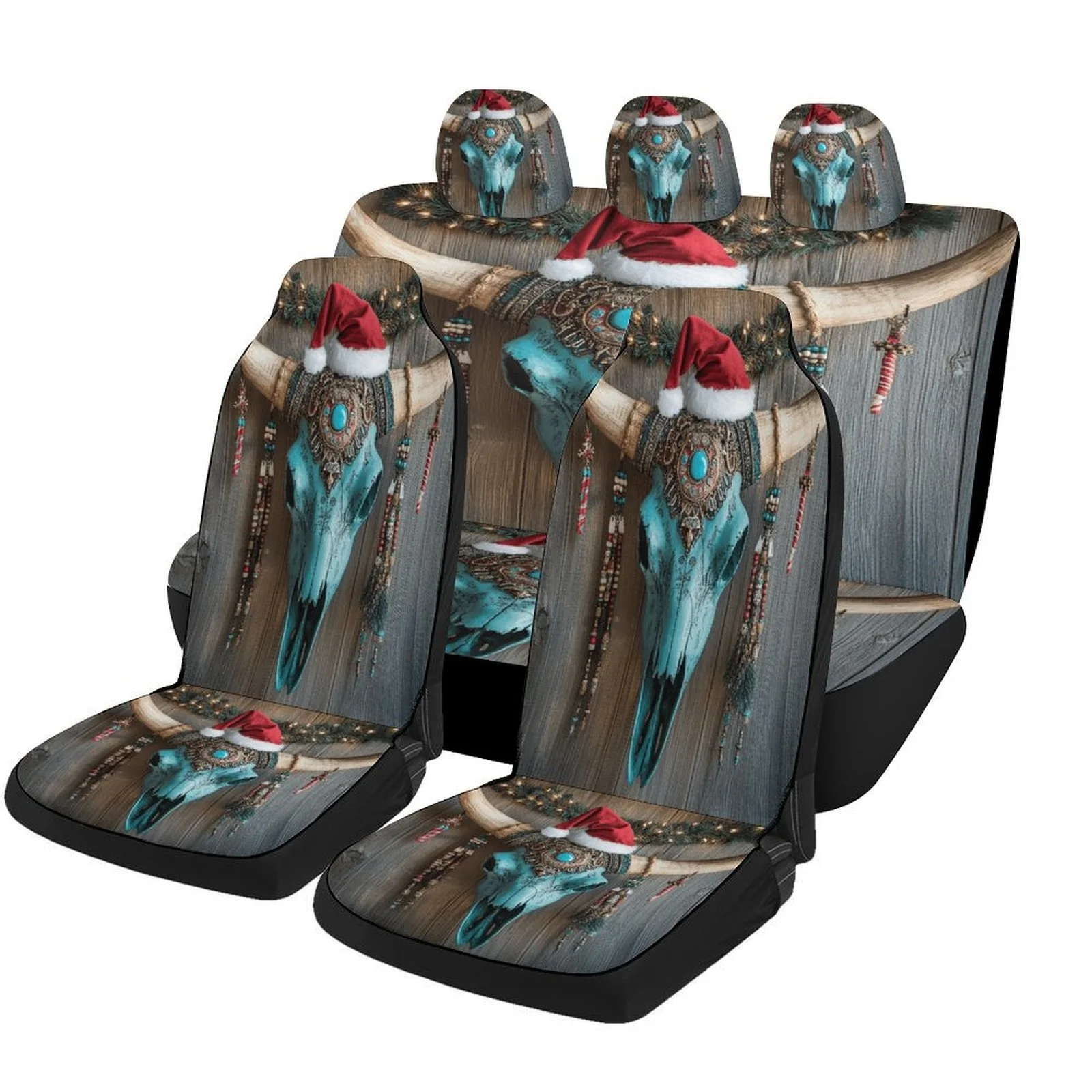 Set Of Christmas-Themed Car Seat Covers Featuring A Turquoise Bull Skull Design, Suitable For Various Vehicles. These Trendy And