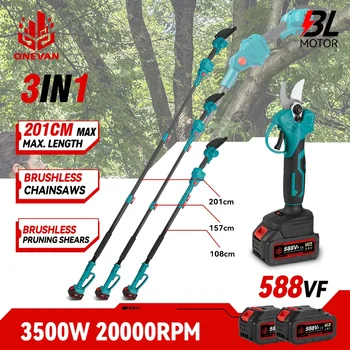 ONEVAN 3 in 1 브러시리스 텔레스코핑 전기 폴 전기톱, 높은 가지 가위, 정원 가지 치기 도구, Makita 18V 배터리용