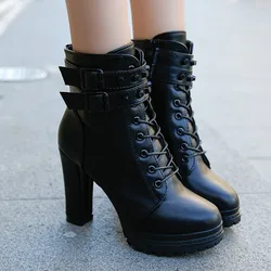 Rivet Buckle Zipper Thin Heels Ankle Boots Party Street Woman Shoes Punk Style 11CM High Heels PU Leather Botas Mid-Calf Boots