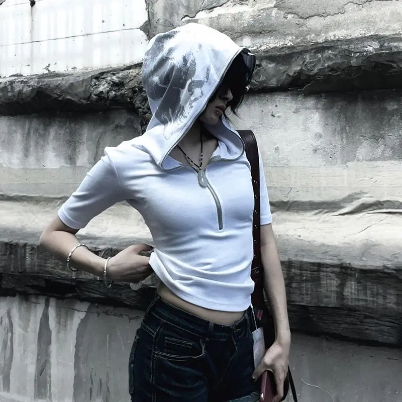 Streetwear Punk Vintage Printing Hooded T-shirt Harajuk Women Casual Slim Fit Tops Y2k Aesthetic Grunge Cropped Zipper Tshirts