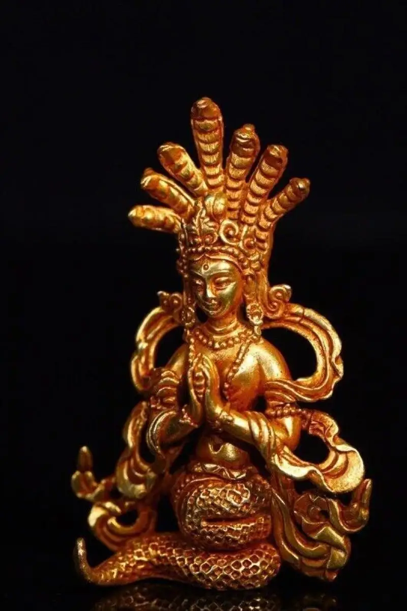 Nepal tibet bronze gold inlay buddhism 5-Heads Snake Naga Kanya Guan Yin Statue