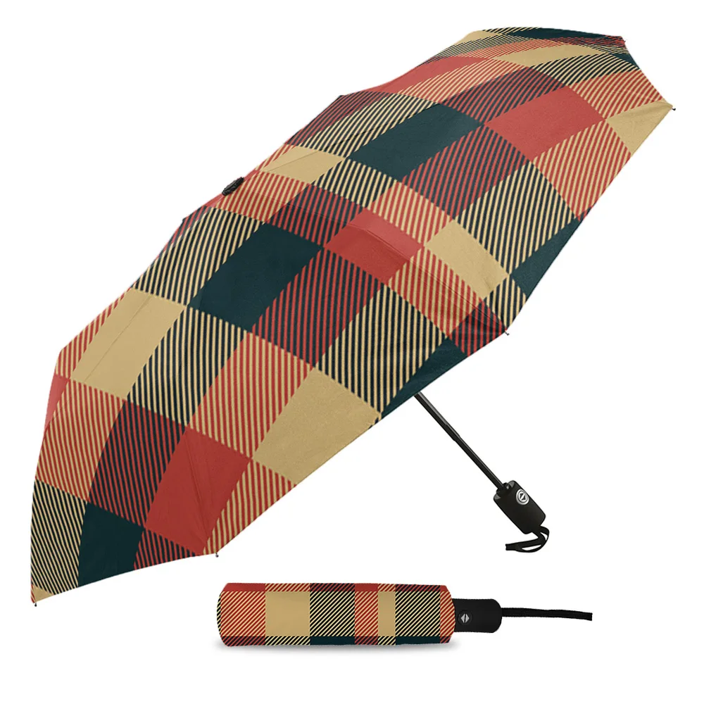 Plaid Red Texture Rain Foldable Umbrella for Women Males Eight Strands Sunny Umbrella Fully-automatic Umbrella