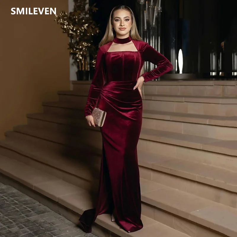 

Smileven Burgundy Mermaid Prom Dress Sexy Side Split Saudi Arabia Formal Evening Gowns فساتين سهر Wedding Party Dress Customized