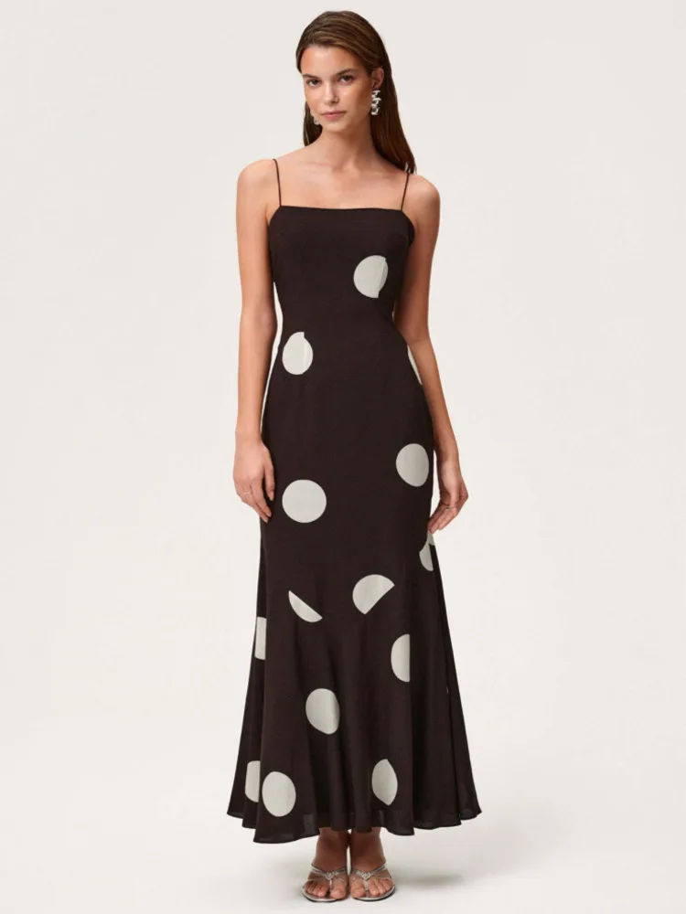 

Blifanbo Polka Dot Spaghetti Strap Sexy Maxi Dress Women Elegant Slim Sleeveless Backless Holiday Dress Fashion Patchwork New