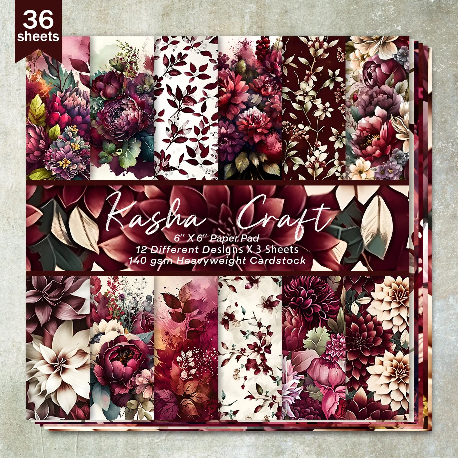 36 Sheets 6inch (Dark Red Flower Pattern) Clipping Thin Paper for Bullet Diary, Junk Magazine, Greeting Card Background