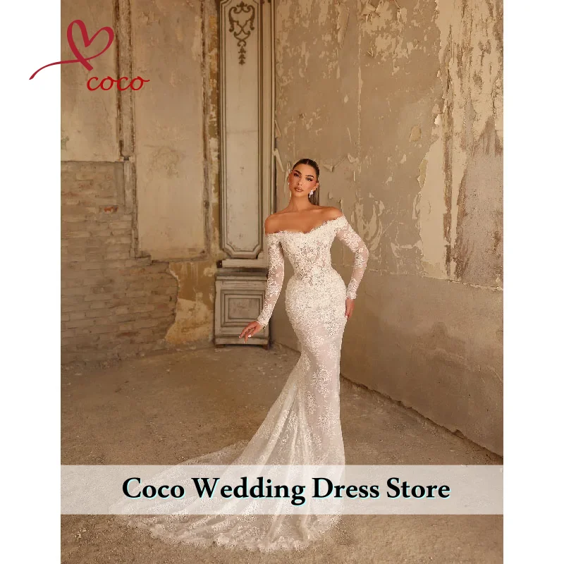 Customized Exquisite Beaded Lace Mermaid Long Wedding Dress Graceful Off Shoulder Bridal Gown Shiny Dresses For Bride
