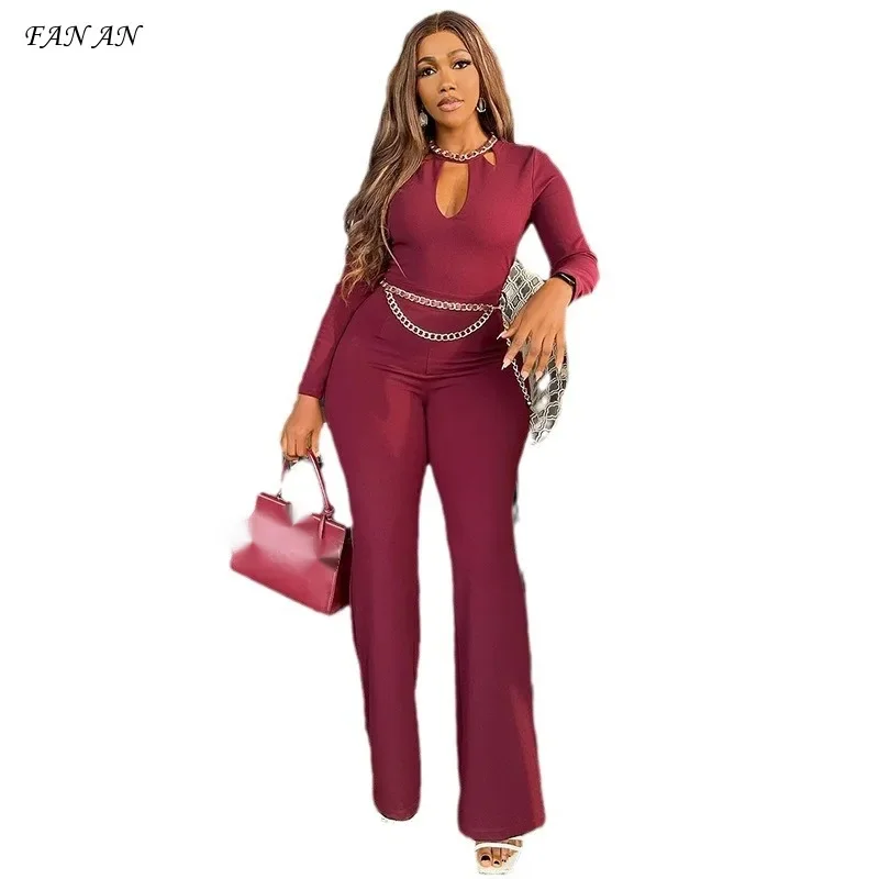 New Hollow Out Jumpsuit Long Sleeved Temperament Slim Fit High Waisted Wide Leg Long Pants Fresh and Sweet High Waist Bodysuit