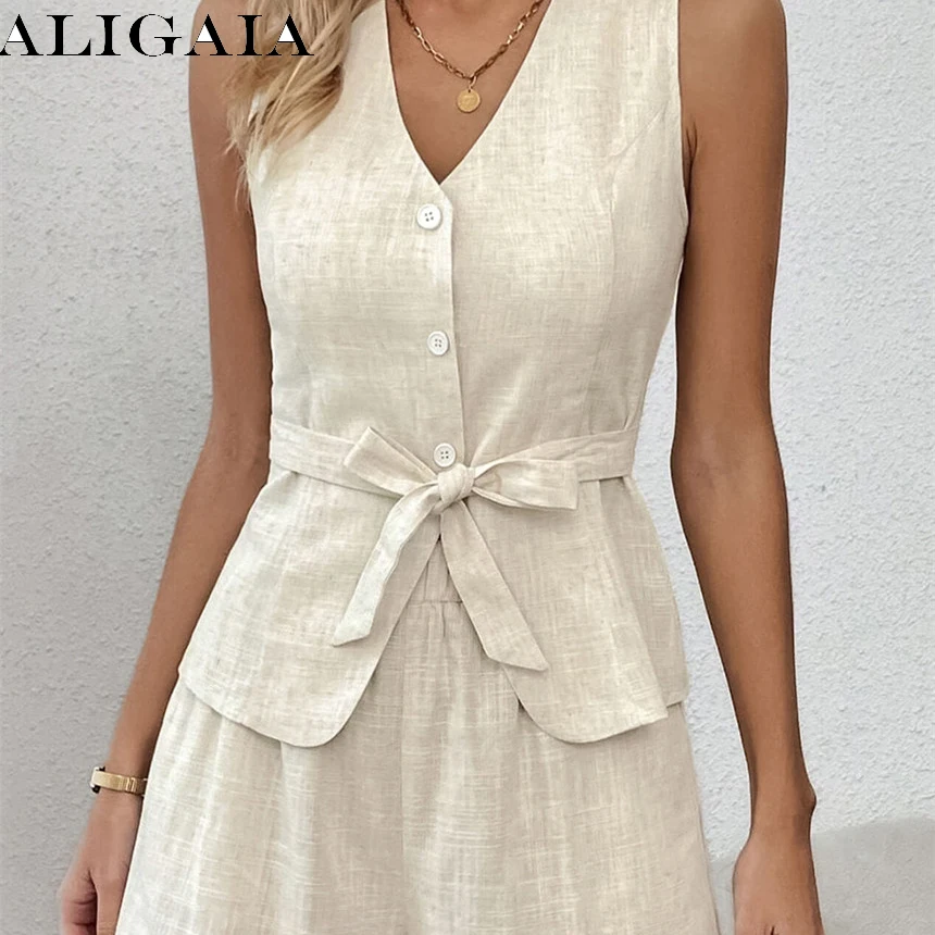 Hot Sale 2026 Summer Women Linen 2 Piece Set Sleeveless Button Vest+High Waist Shorts Casual Commute Outfit For Ladies