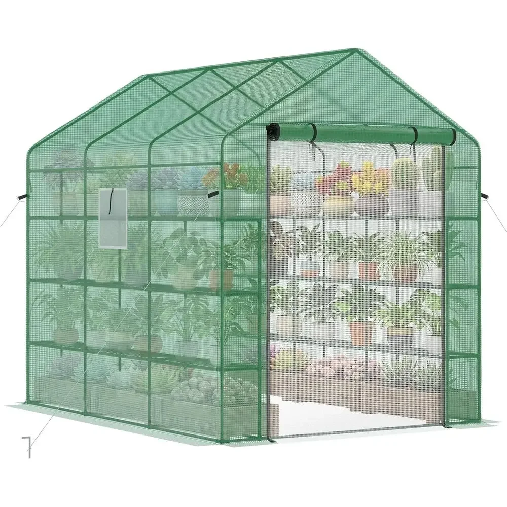 6ft x 8ft Walk-in Greenhouse with PE Cover, 4-Tier Racks, and Roll-Up Door for Growing Vegetables, Saplings, and Tropical Plants