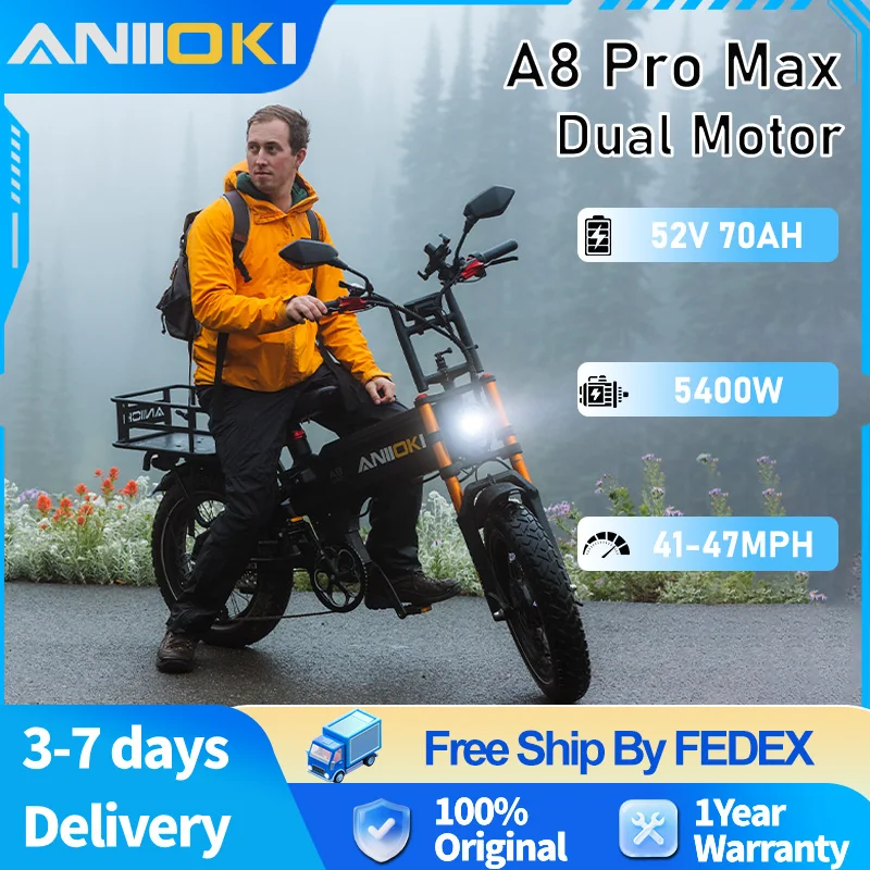 

Электровелосипед для взрослых Aniioki Ebike 5400W с двумя моторами, 52V, 20-дюймовые колеса с широкими шинами, электрический велосипед Aniioki A8 Pro Max