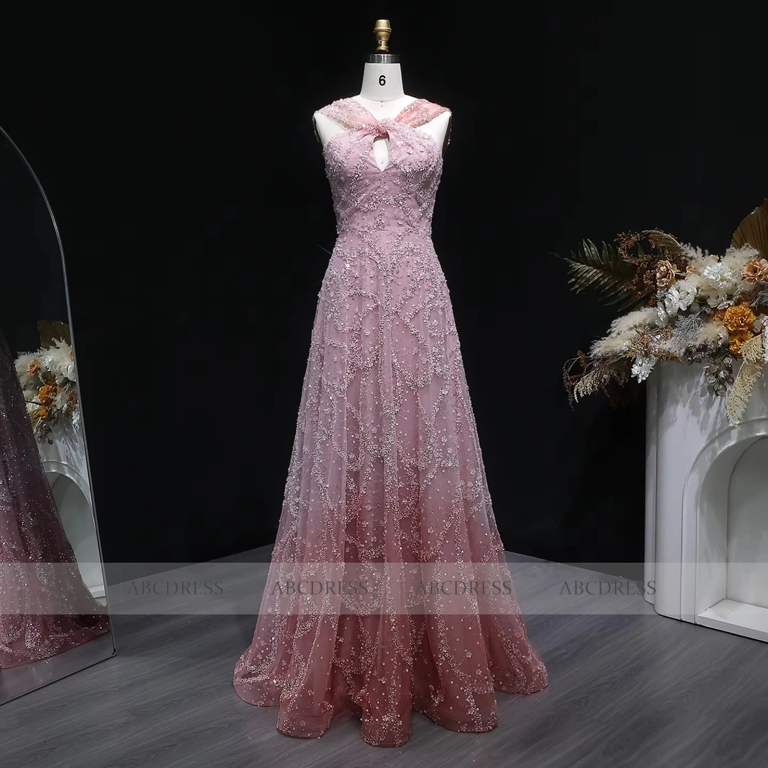 Customized Luxury A Line Evening Dress Criss-cross Women's Wedding Guest Gown Beaded Gradient Tulle Formal Party Dresses