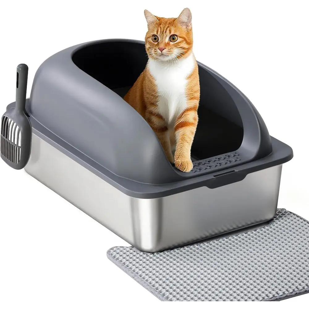 

Cat Litter Box with Lid, Large for Big Cats, High Sides, Anti-Leakage, Easy Clean, Scoop and Mat Included, Gray
