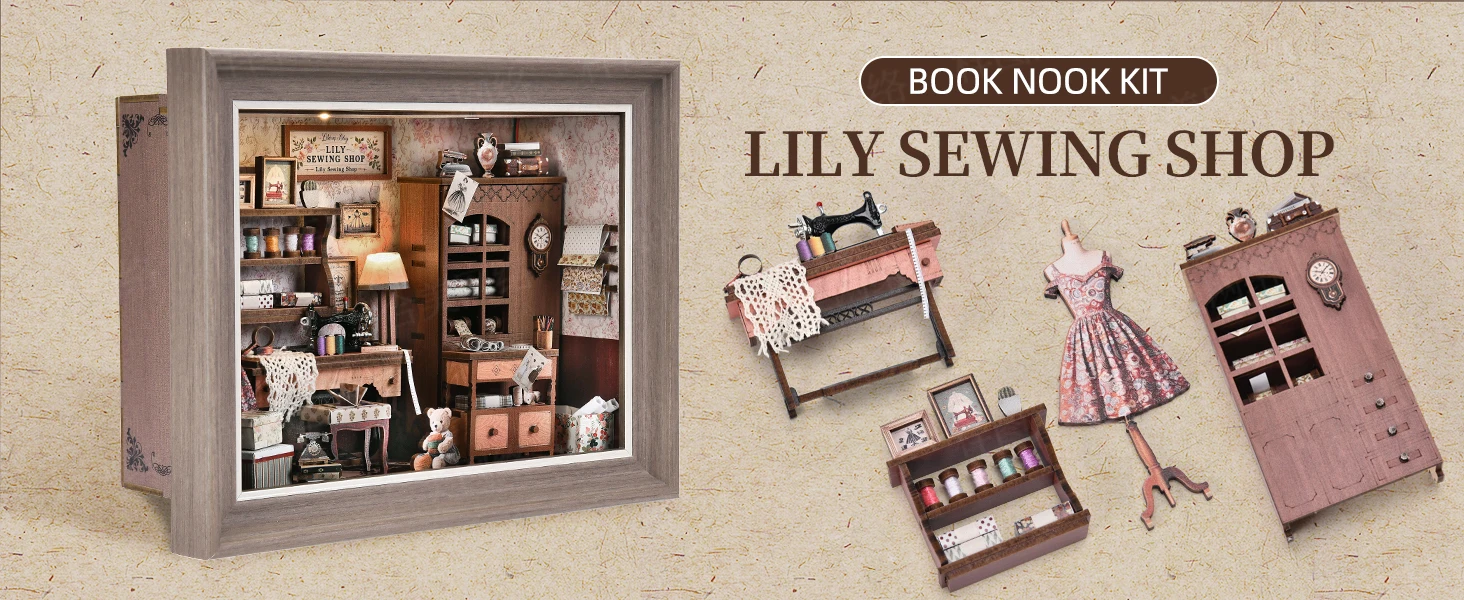 DIY Book Nook Kit, Tailor's Shop 3D Wooden Bookshelf Insert