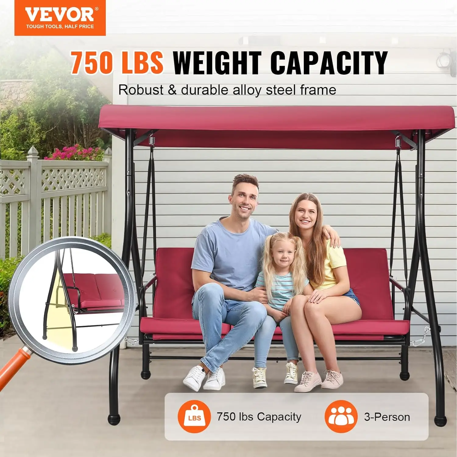 3-Seat Patio Swing Chair, Converting Canopy Swing, Outdoor Patio Porch With Adjustable Canopy, Removable Thick Cushion