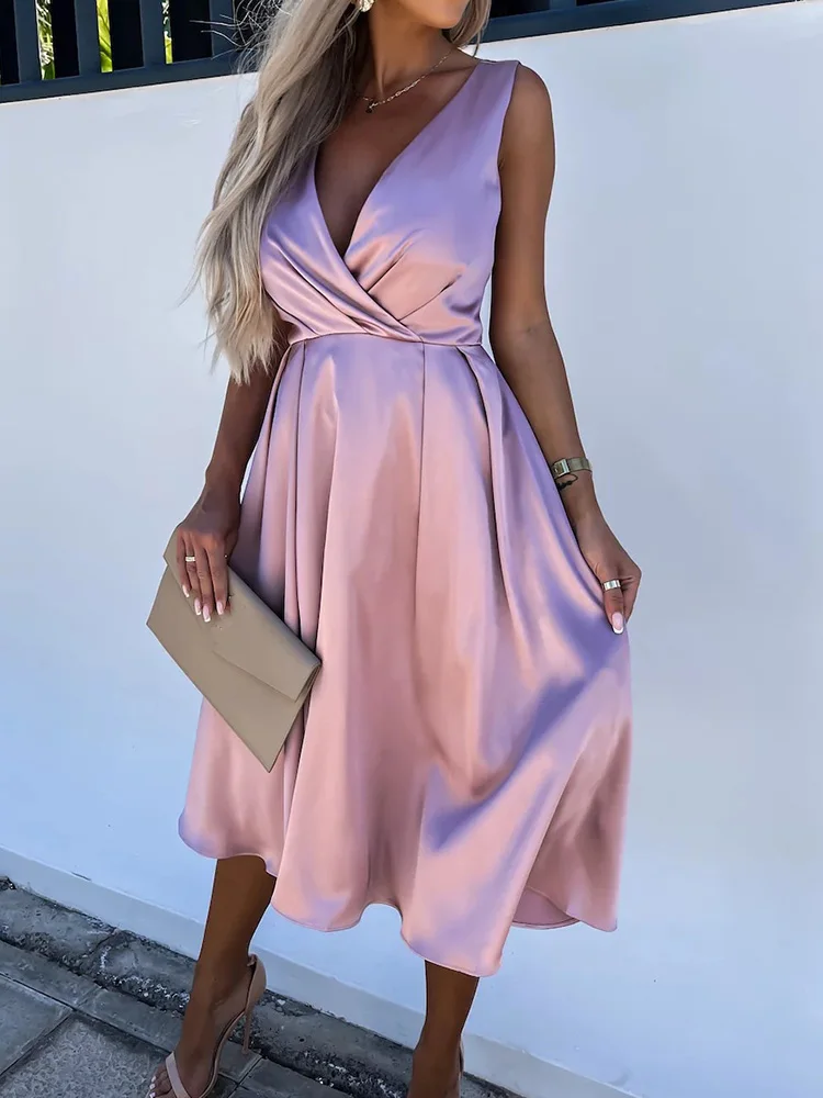 Casual Women Summer V Neck Midi Dress Sexy Hollow Out Sleeveless Party Club Dress Elegant Female Slim Fit Patchwork Zipper Dress