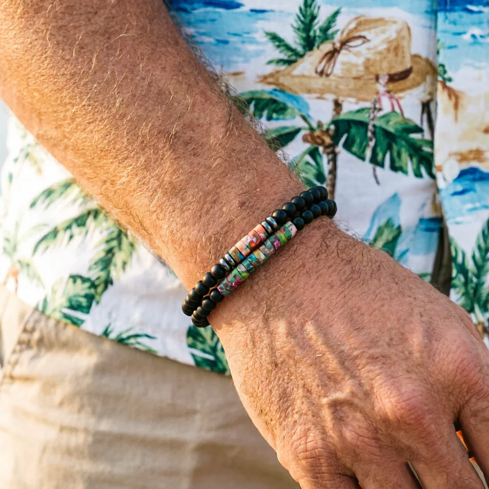 Vacation Style 2Pcs Natural Stone Bracelet Set Men Tiger Eyes Malachite Emperor Beads Healing Braslet Beach Casual Homme Joias