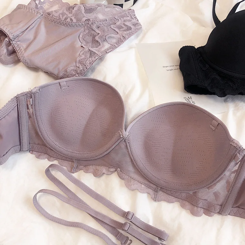 Basic Glossy Seamless Half Cup With Steel Ring Small Chest Gathering Bra Removable Shoulder Straps Tube Top Underwear Set Lace