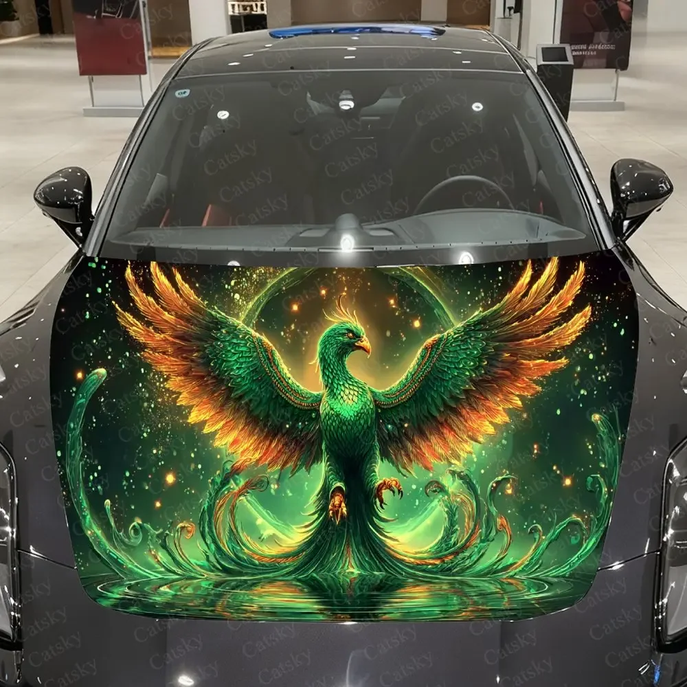 Gold-Tailed Green Phoenix Car Vinyl Wrap, PVC Waterproof Car Hood Sticker, Self-Adhesive Scratch-Resistant Stickers