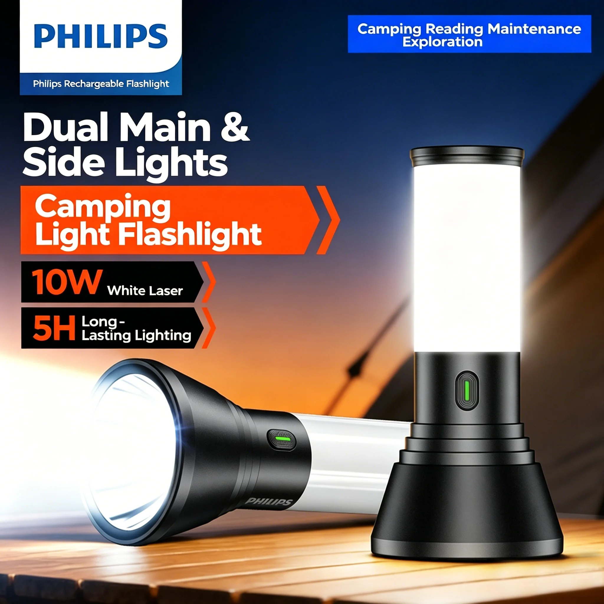 Philips SFL1253 LED Flashlight & COB Camping Lantern Type-C Rechargeable 5 Modes Portable Torch for Hiking Emergency