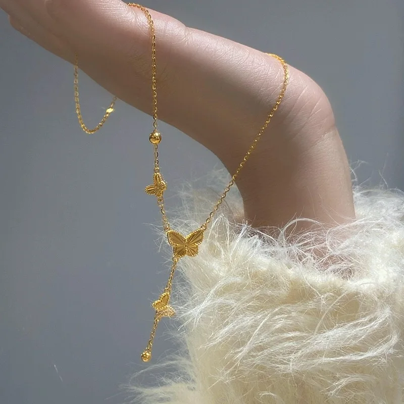 Chinese Style Lucky Gold Plated 3 Butterfly Jewelry Set Women Laser Carved Necklace Bracelet Earrings Good Fortune Blessing Tren