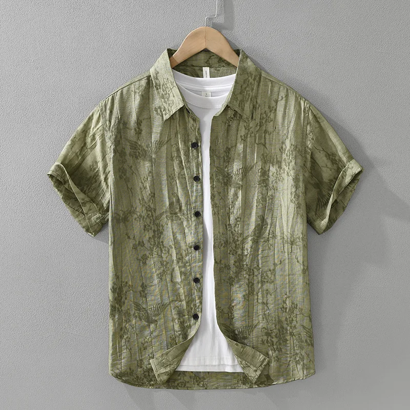 2025 Summer men's fashionable and versatile artistic casual simple and loose Japanese trendy printed short sleeved shirt top