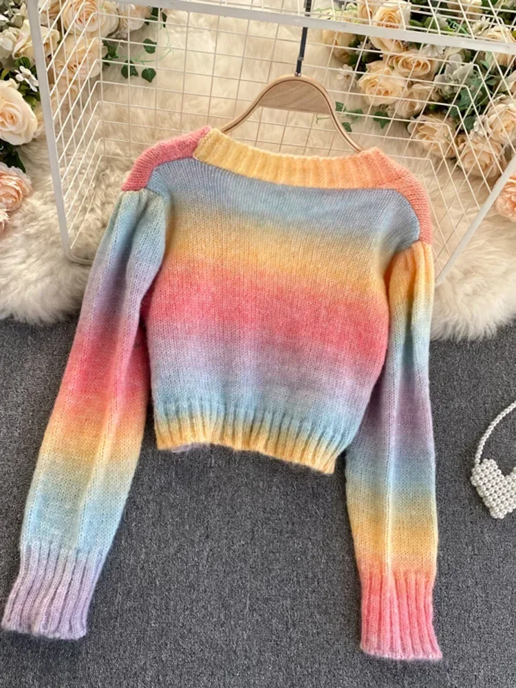 Autumn Winter New Korean Gentle Wind Jacket Women Short All-match Rainbow Striped Knitted Cardigan Sweater UK462