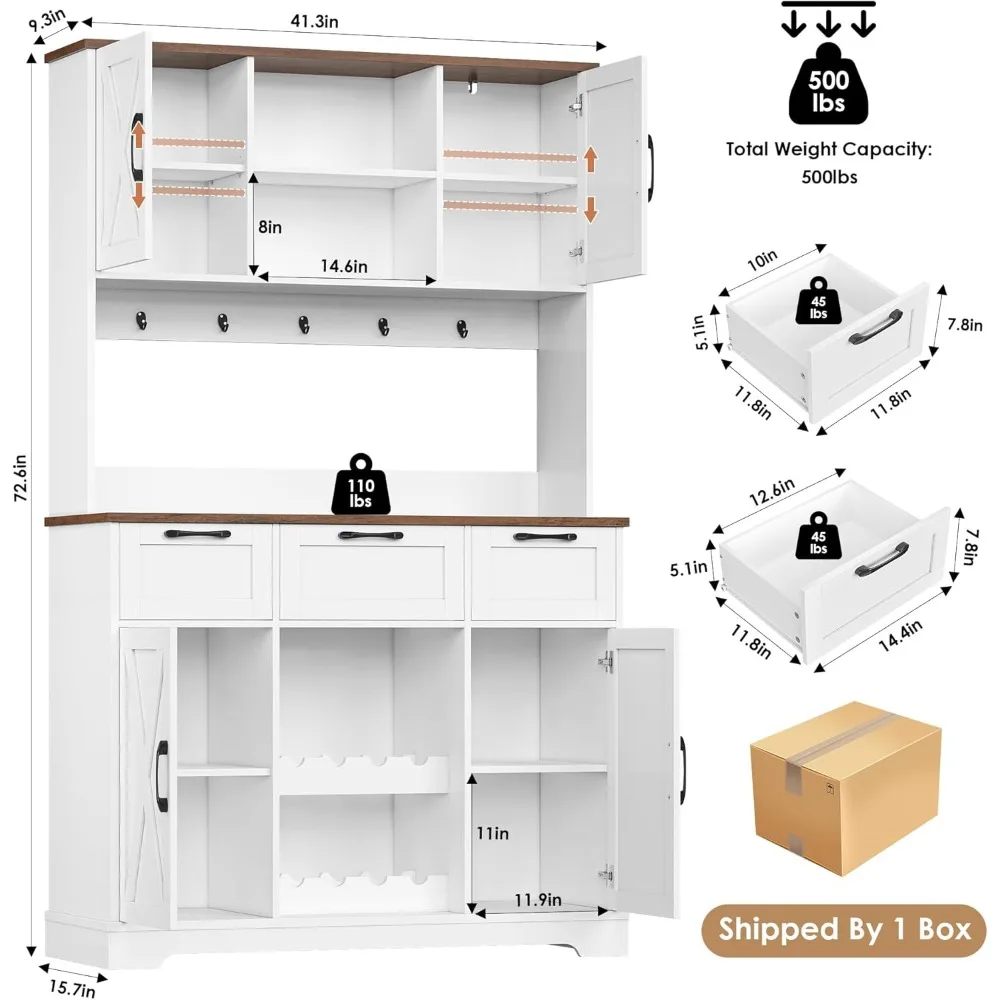 Armário de armazenamento de cozinha alto rústico com portas de celeiro, prateleiras, gavetas e gaiola de bar