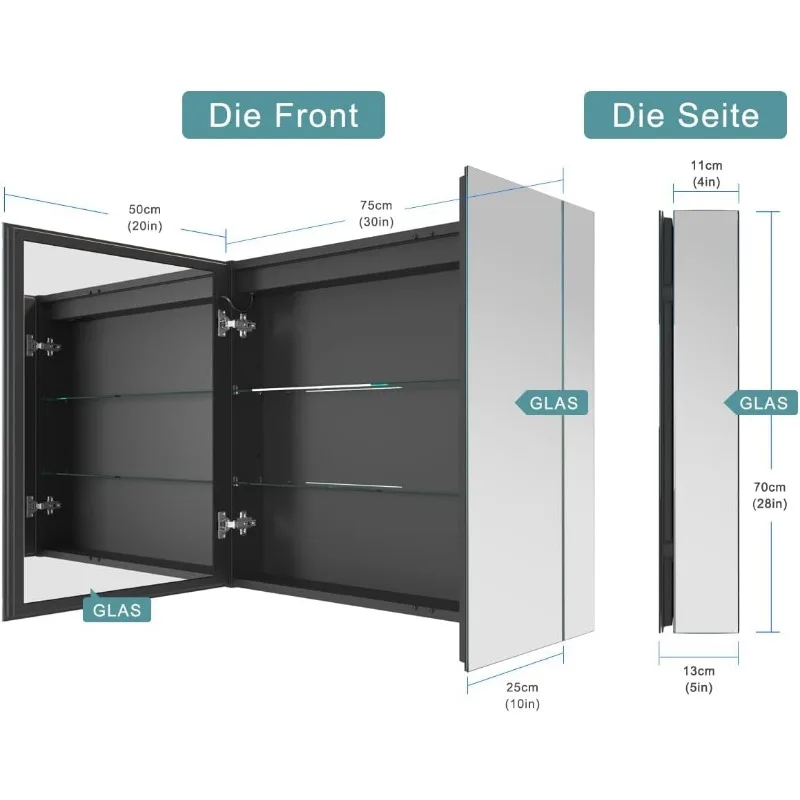 LED iluminado medicina espelho, banheiro gabinete com tomadas e USBS, anti-nevoeiro dimmable luz, ajuste de cor, antiferrugem e