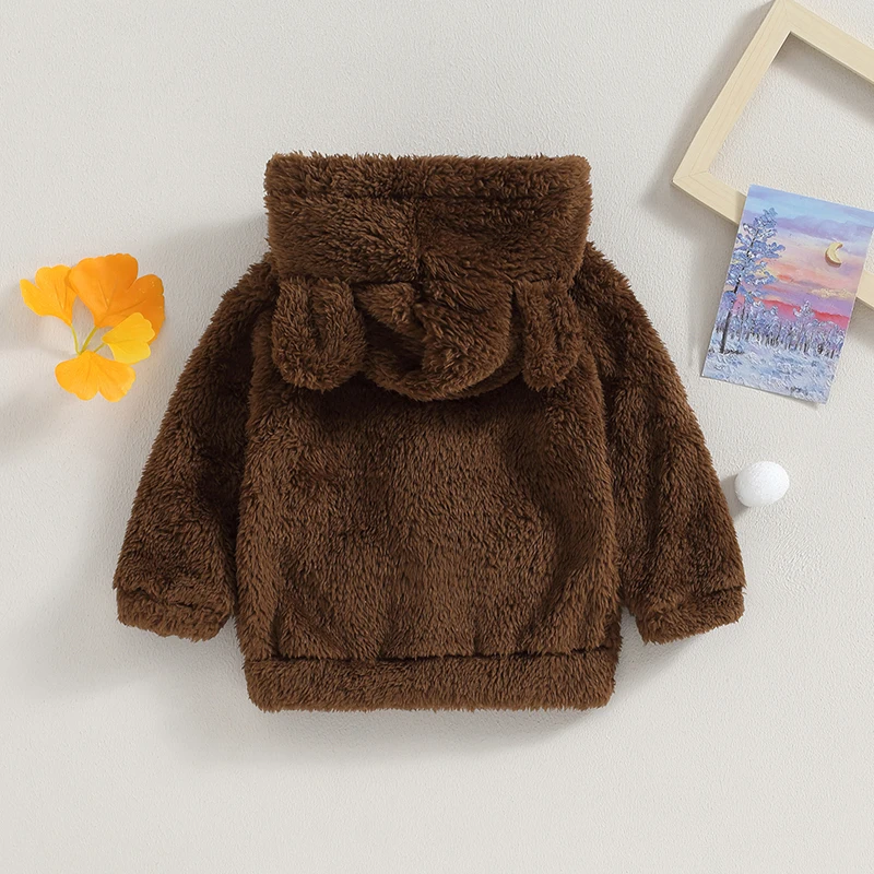 Baby Boys Girls 3D Bear Ears Shape Fleece Long Sleeve Hoody Zip Up Coat Jacket Infant Baby Sweatshirt