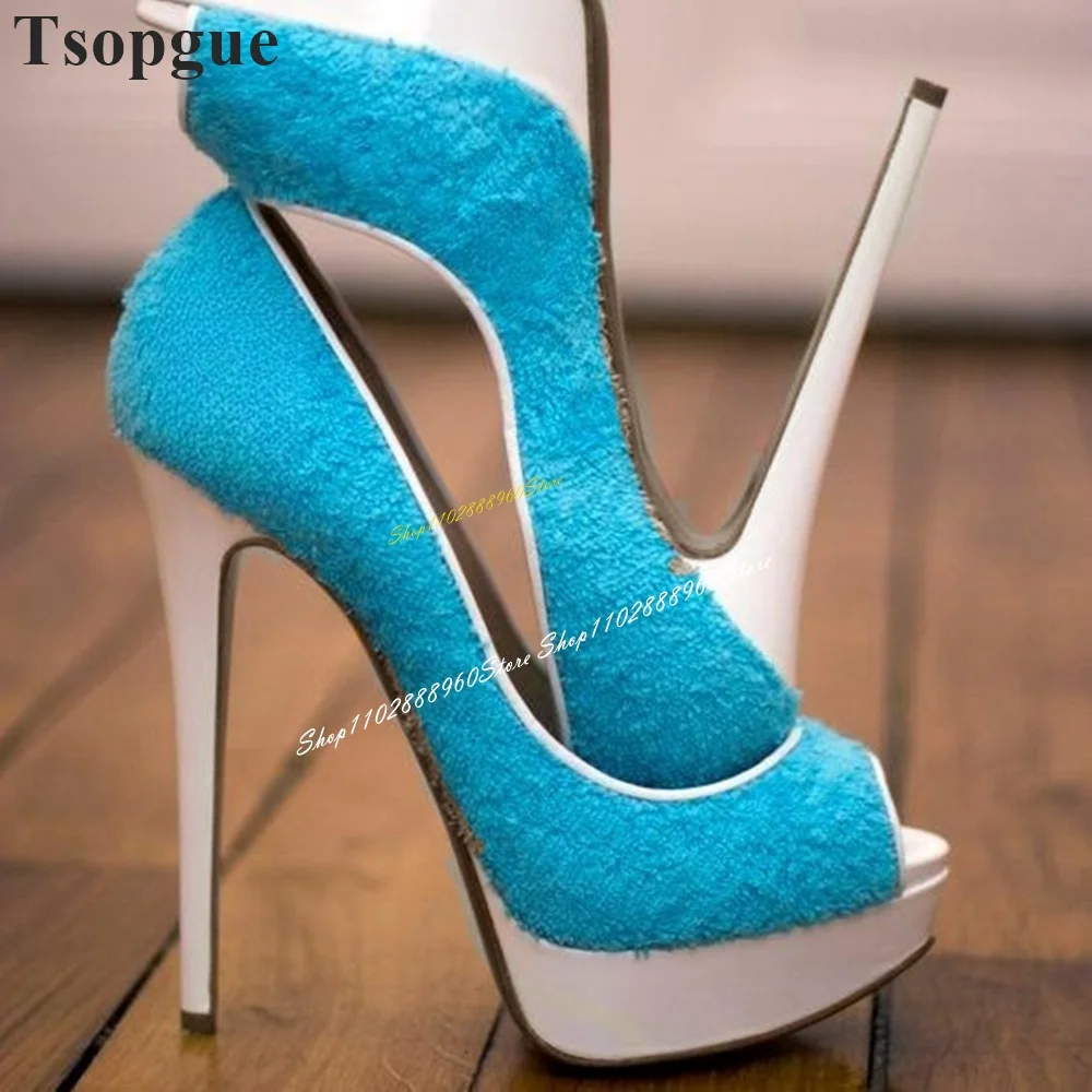 Elegant Light Blue Platform Casual Pumps Thin High Heel Shoes For Women Slip On Peep Toe 2024 Fashionable Zapatos Para Mujere