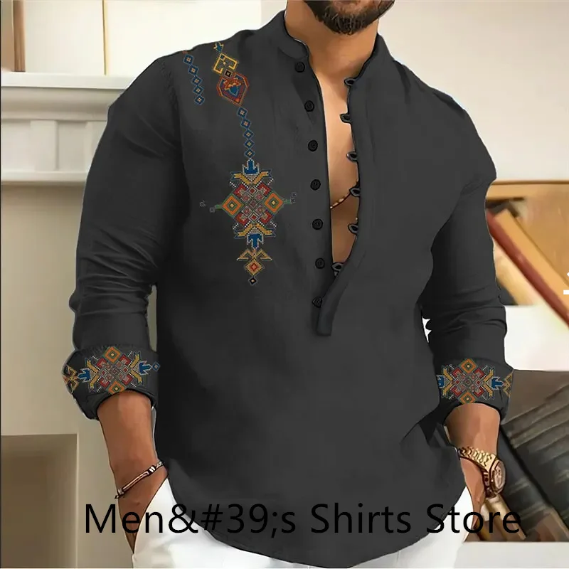 2024 Men\'s Hawaiian Shirt Long Sleeve Oversized V Neck 3D Vintage Shirt High Quality Four Seasons Large Size Clothing Multicolor