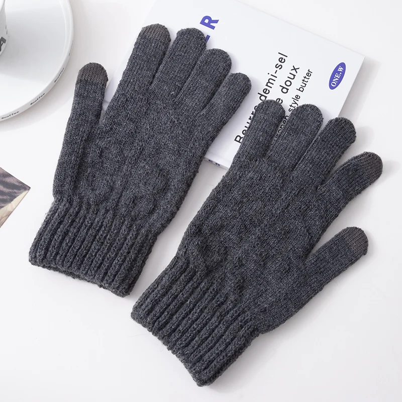 Winter Men Knitted Gloves Thicken Keep Warm Solid Grey Black High Quality Business Driving Cycling Full Finger Male Gloves