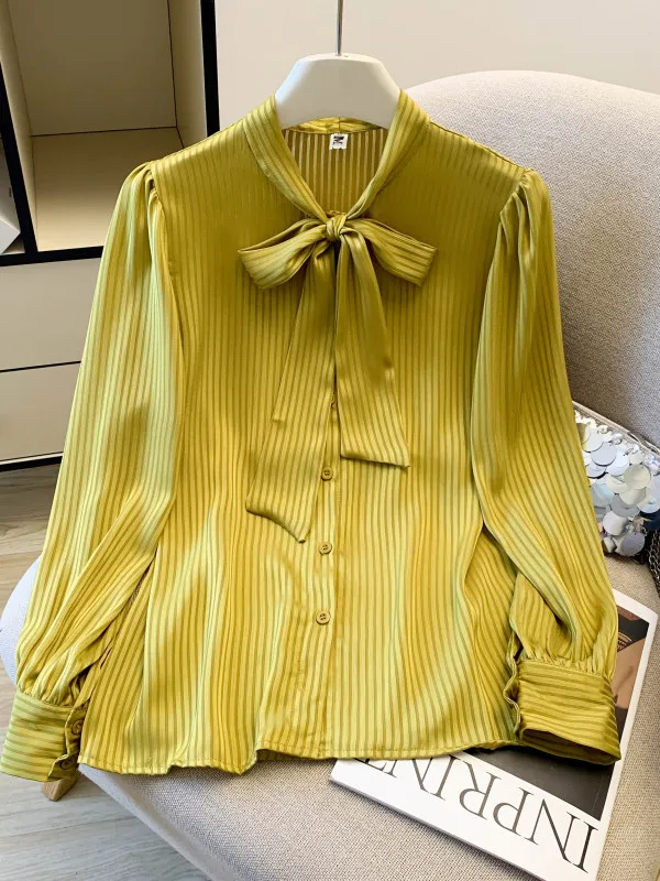 

Элегантная женская шифоновая блузка с длинным рукавом и завязками, повседневный стиль, премиум-качество, не требует глажки, весна-осень