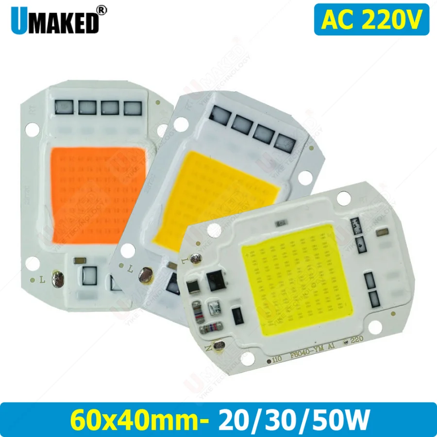 2pcs 20/30/50W 60x40mm LED COB Lamp Integrated High Power Light AC220V Lamp With Smart IC Driver Spotlight White LED Light bead