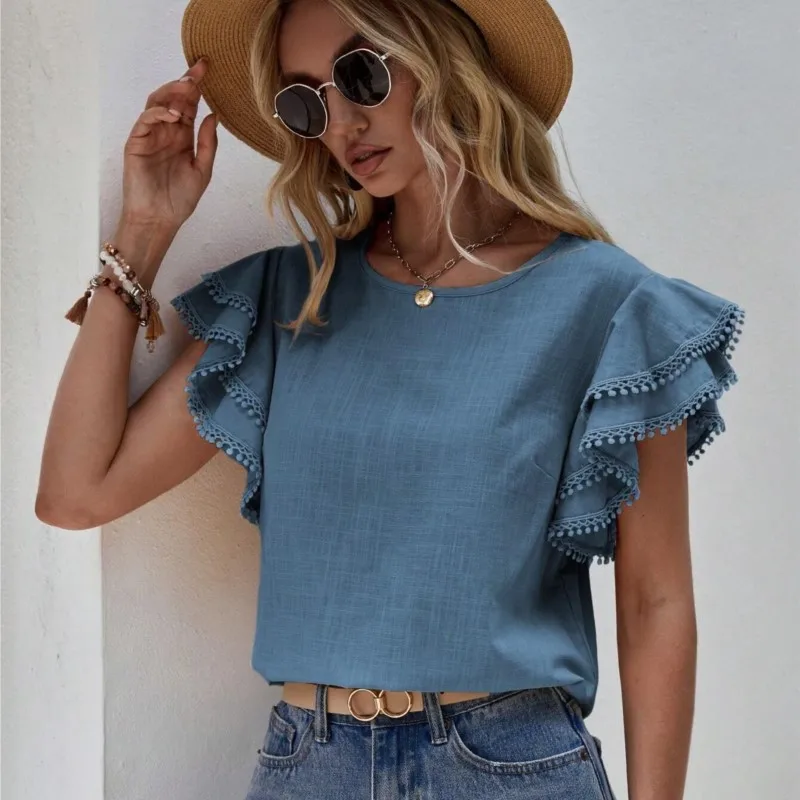 2024 Women\'s Casual Round Neck Summer Loose Shirt Lotus Leaf Short Sleeve Top Ladies Solid Color Pullover Blouse Black Tops