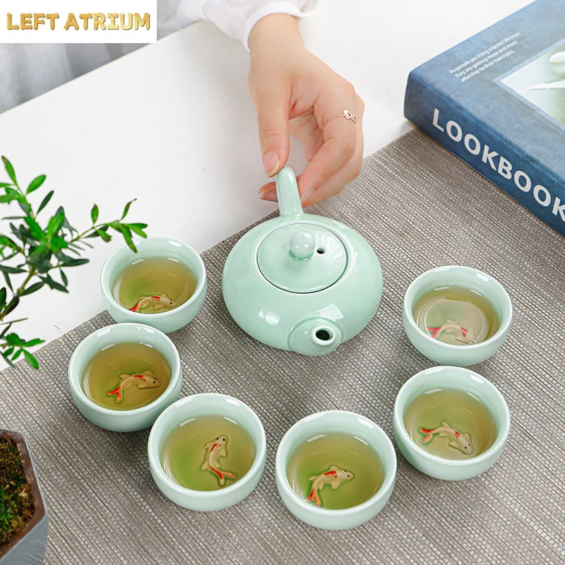 Portable Travel Tea Set with Celadon Small Fish, 1 Pot and 4 Cups Set