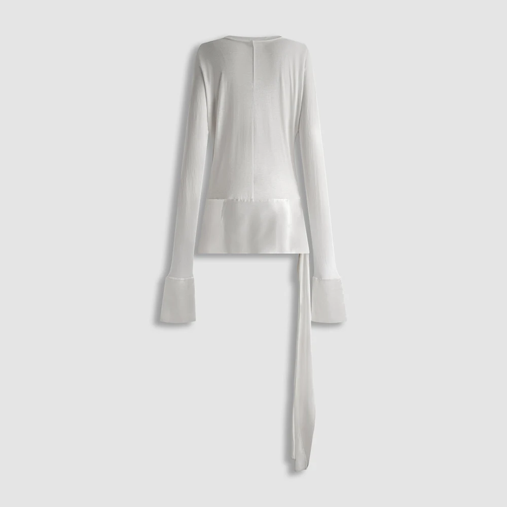 Women 100% Cotton Long Sleeve T Shirt Round Neck Flare Cuff Asymmetrical Tie Side Tee Ladies Elegant Party Casual Blouse Top