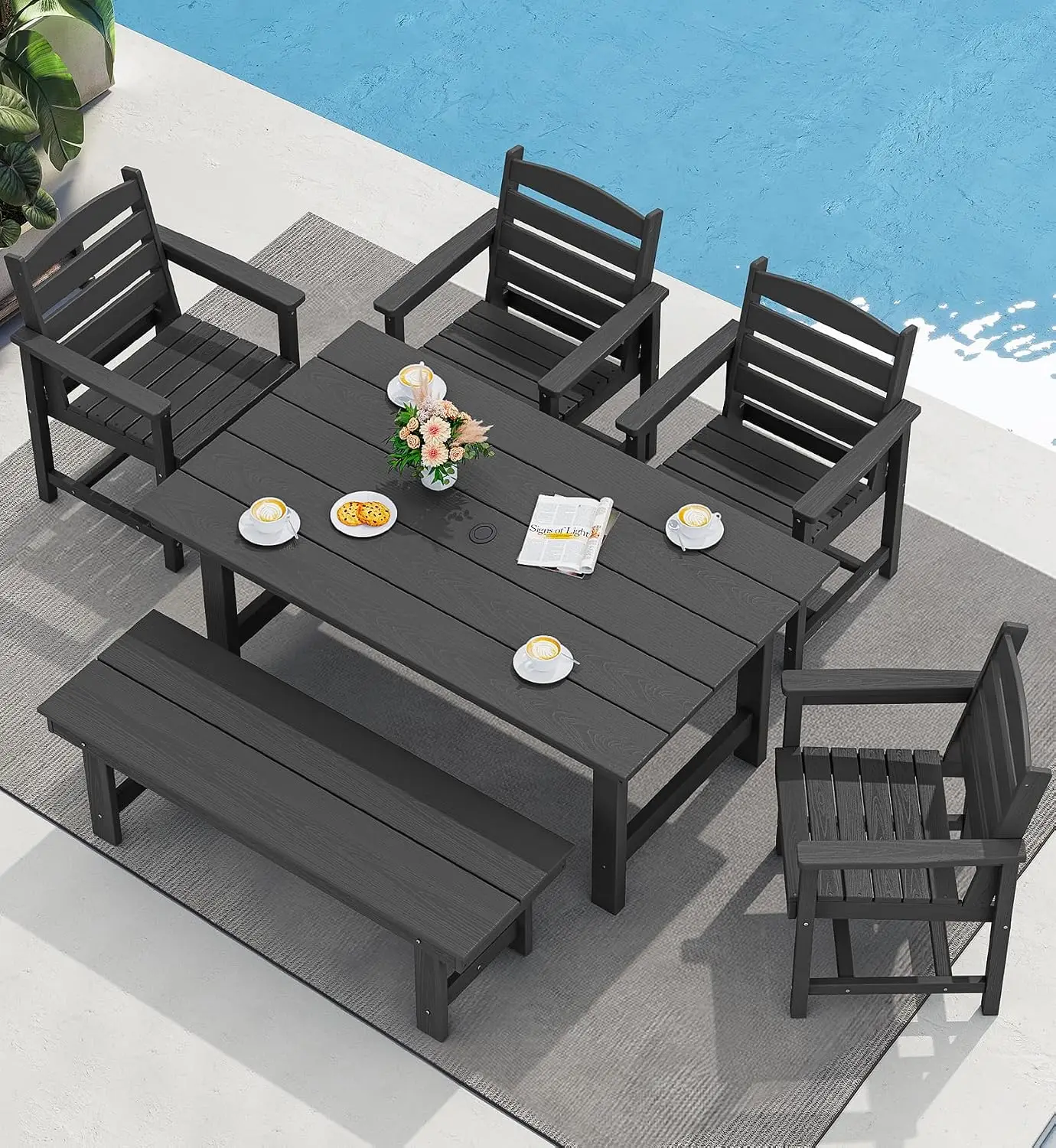 Outdoor Dining Set, Patio Dining Set with Bench, Black