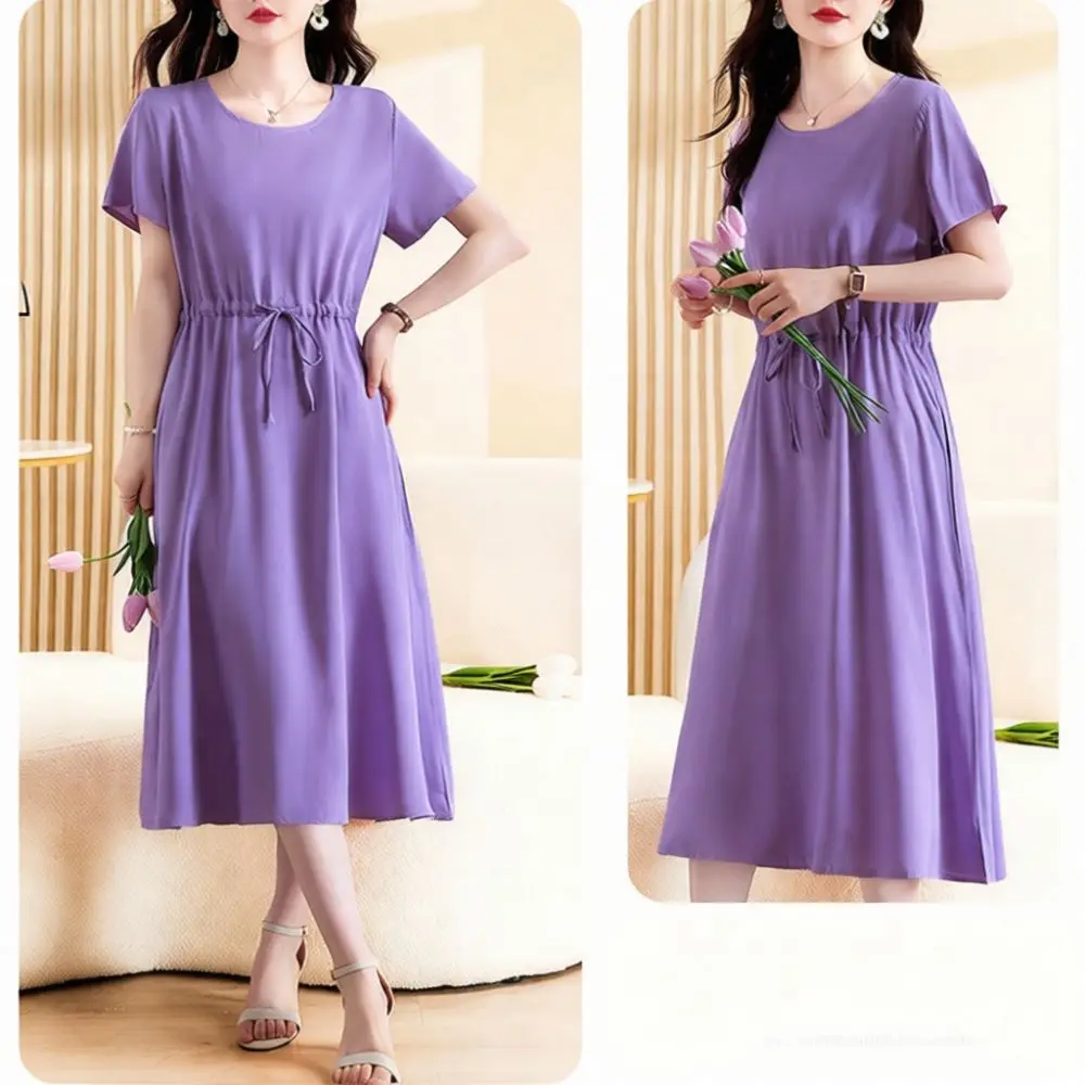Summer Floral Print Dress Women Casual Loose Plus Size Cotton Blend Short Sleeve Elegant Grandmother Clothing Breathable