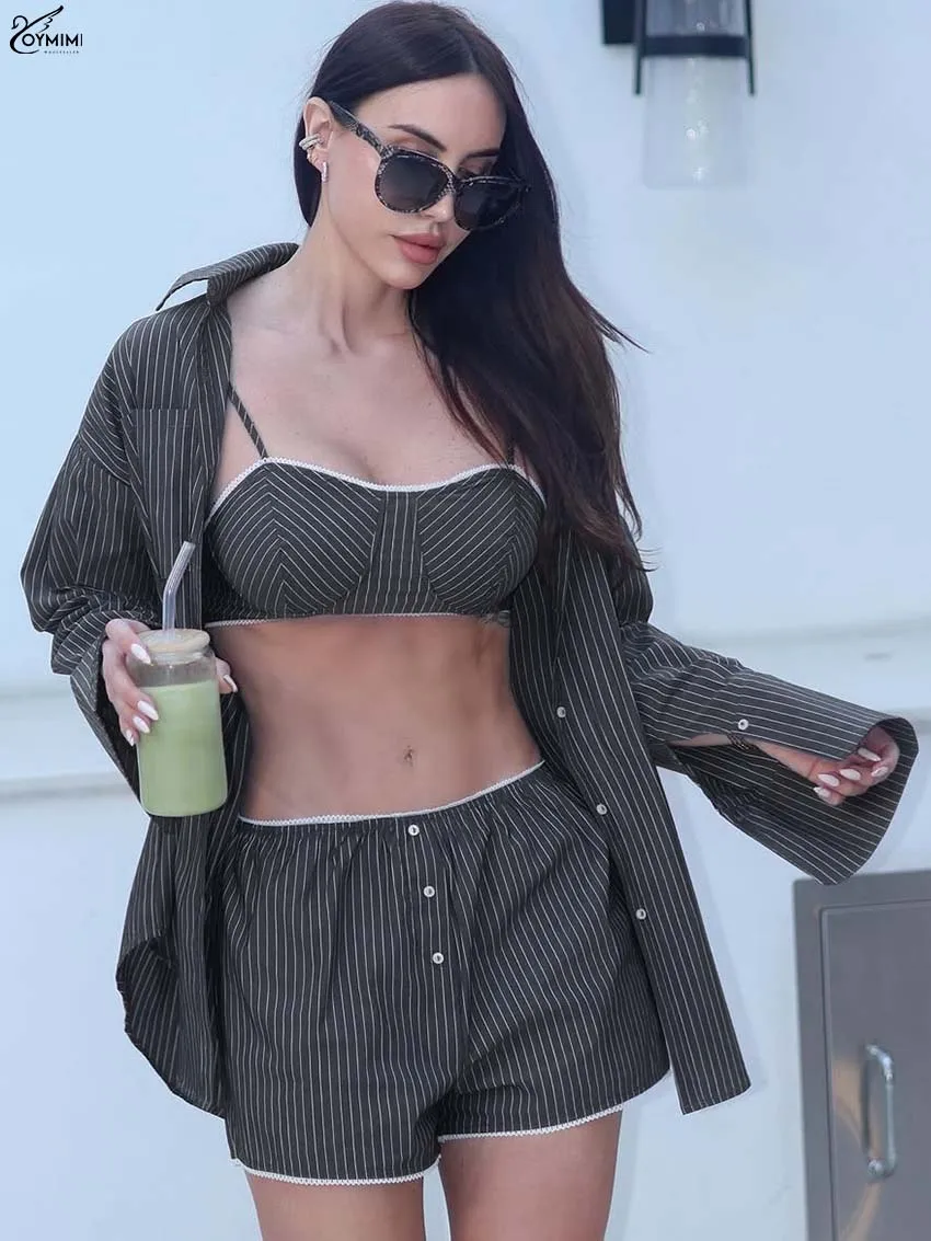 

Oymimi Fashion Black Print 3 Pieces Set For Woman Casual Long Sleeve Shirts And Spaghetti Strap Lace Bra + Button Shorts Sets