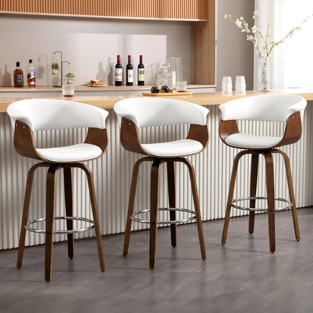 

Bar Stools Set of 3 Swivel Bar Stools with Walnut Bentwood Legs, 29 Inch Bar Height, Upholstered PU Leather Barstools with Backs