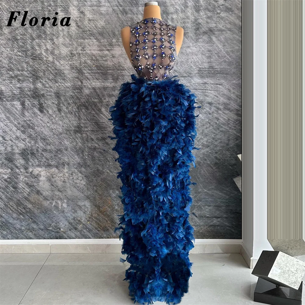 Navy Blue Feathers Skirt Women Beaded Neck Evening Dresses Customized Birthday Party Reception Gowns Robes De Soiree Prom Dress